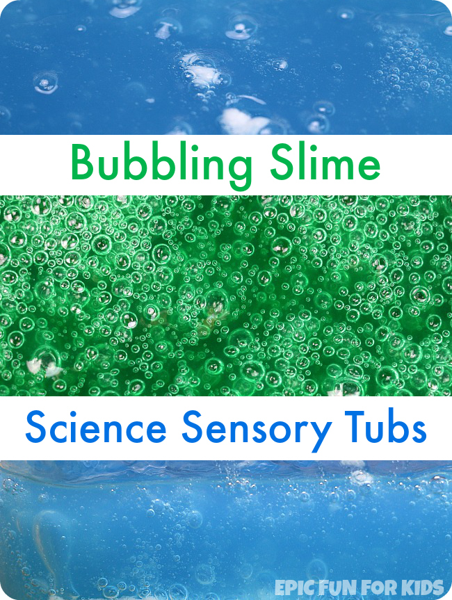 Make a bubbling slime science sensory tub that bubbles for hours and hours! Such a fun way to observe the baking soda and vinegar reaction at a slower pace.