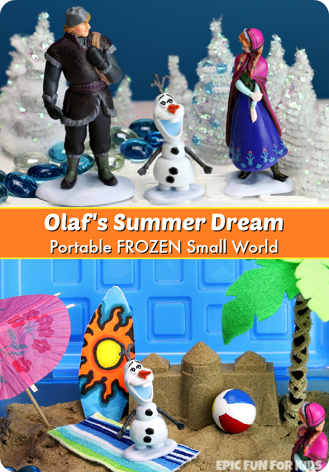 Olaf's Summer Dream: a portable, two-level small world and sensory bin inspired by "In Summer" from Disney's FROZEN.